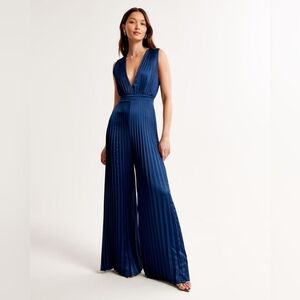 Abercrombie & Fitch Giselle Pleated Wide Leg Jumpsuit Navy Blue Size Large/Tall
